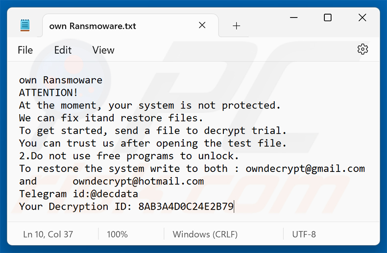 Nota de rescate del ransomware Own Ransomware (own Ransomware.txt)