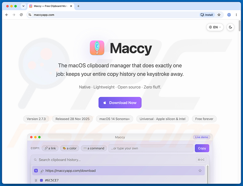 Sitio web falso maccyapp.com que distribuye el malware PamStealer