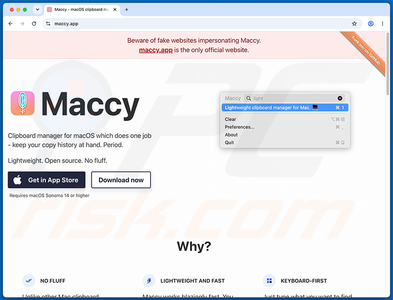 Sitio web oficial de Maccy advirtiendo sobre sitios web falsos
