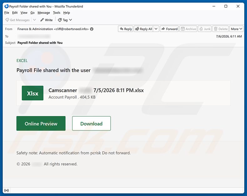 Campaña de spam por correo electrónico Payroll File Shared