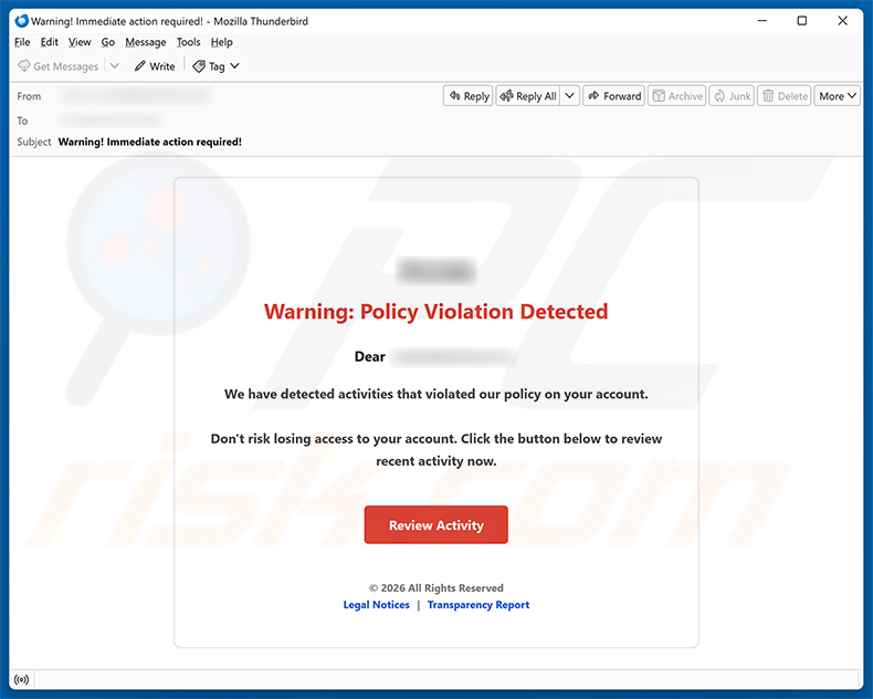 Campaña de spam por correo electrónico Policy Violation Detected