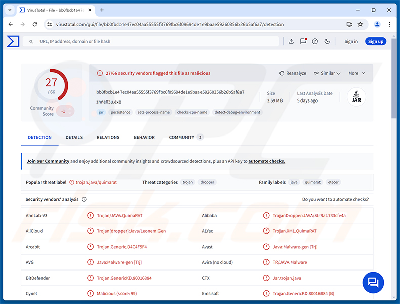 Detecciones del malware QuimaRAT en VirusTotal