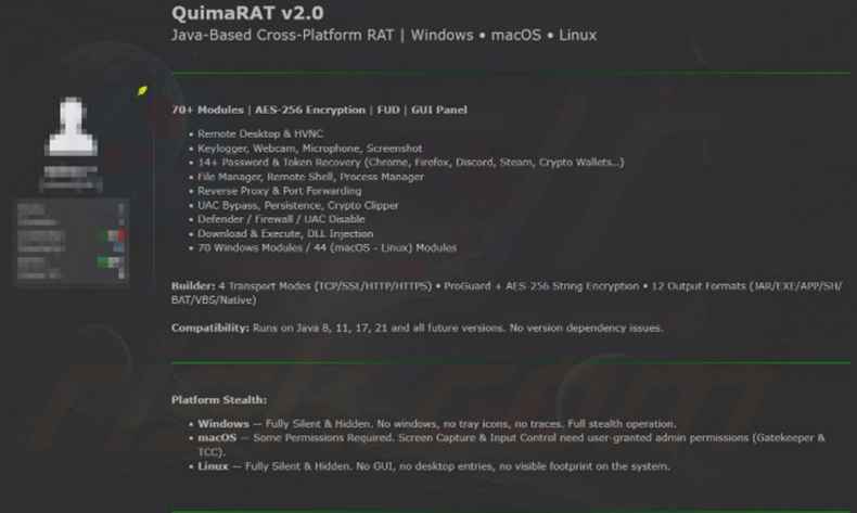 Anuncio promocional de QuimaRAT v2.0