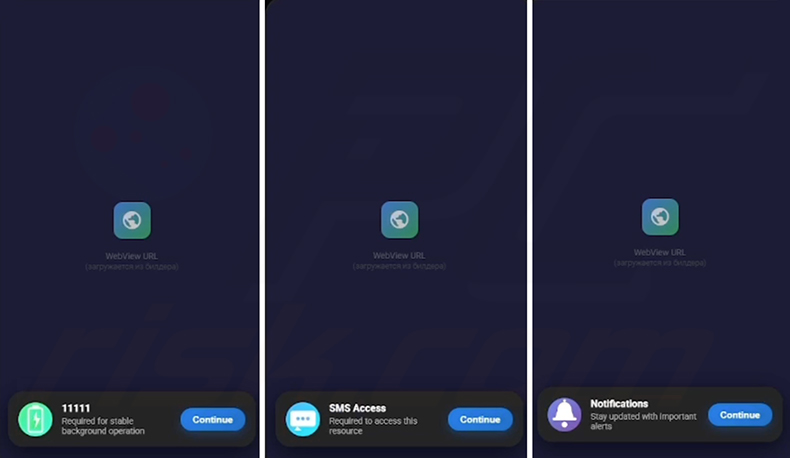 Las pantallas de solicitud de permisos generadas por el generador del spyware RedWing para la elusión de la optimización de batería, el acceso a SMS y las notificaciones