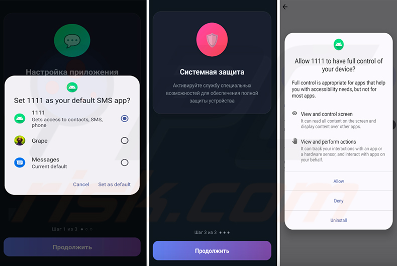 El asistente de configuración de permisos del spyware RedWing que solicita acceso como aplicación de SMS predeterminada, Servicios de Accesibilidad y privilegios de administrador del dispositivo