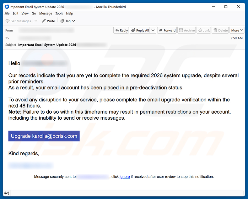 Campaña de spam por correo electrónico Required System Upgrade