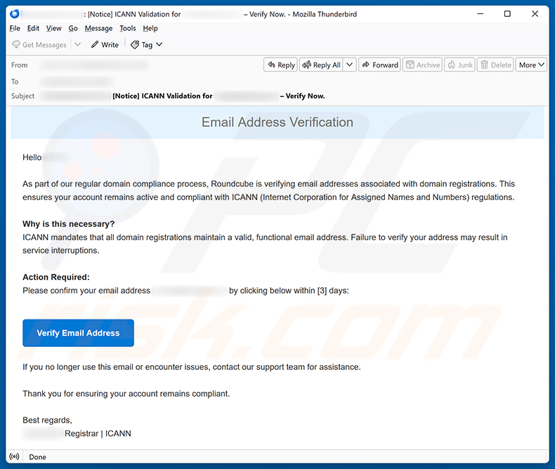 Campaña de correo no deseado de la estafa Roundcube Domain Registration Email Verification