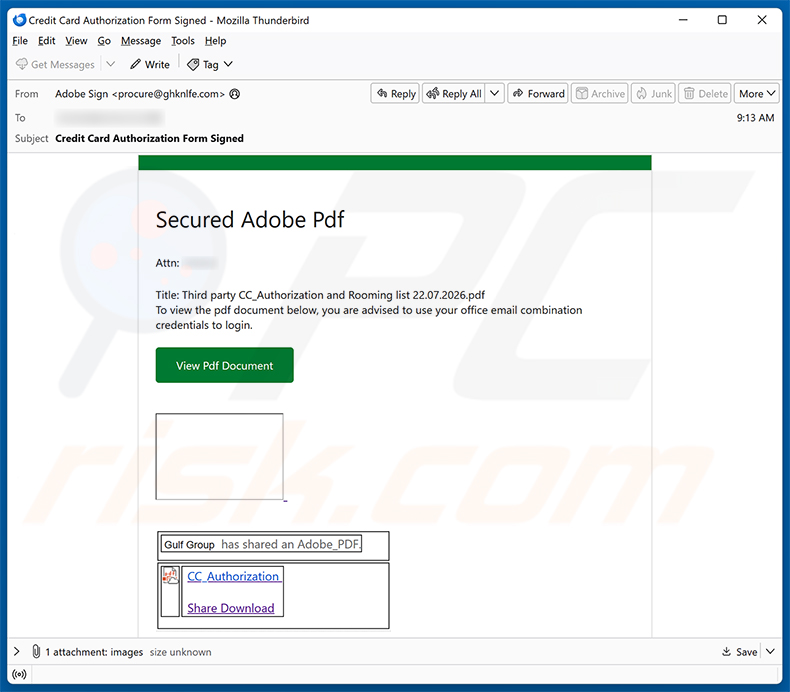 Campaña de spam por correo electrónico Secure Adobe PDF - Credit Card Authorization