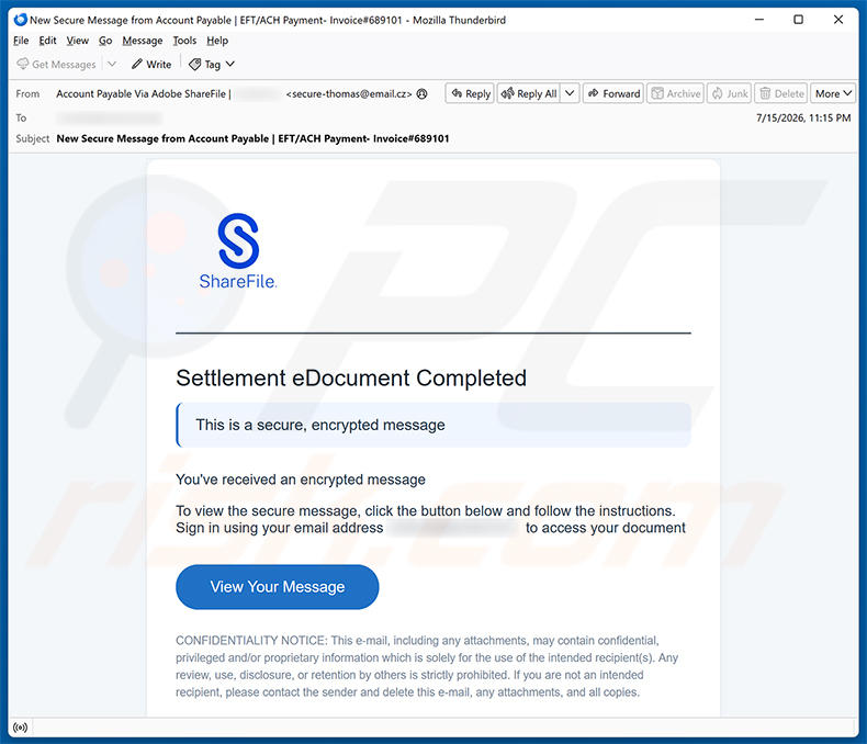 Campaña de spam por correo electrónico Settlement eDocument Completed