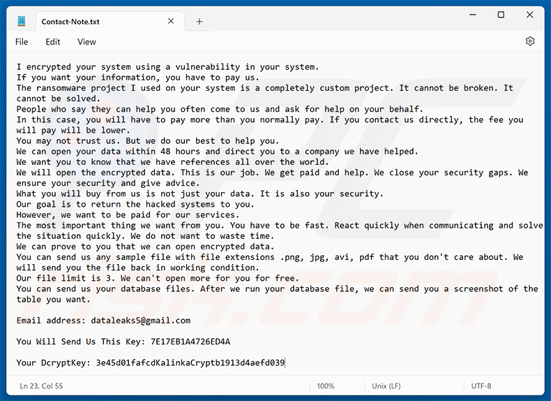 Nota de rescate del ransomware KalinkaCrypt (Contact-Note.txt)