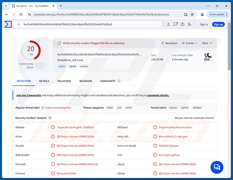 Detecciones del malware Starland RAT en VirusTotal