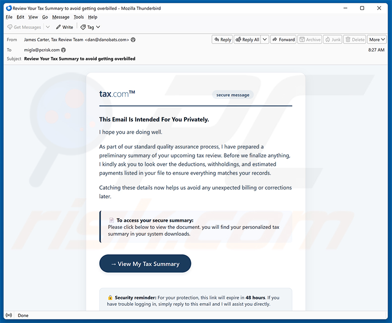 Campaña de spam por correo electrónico Tax Summary Email Virus