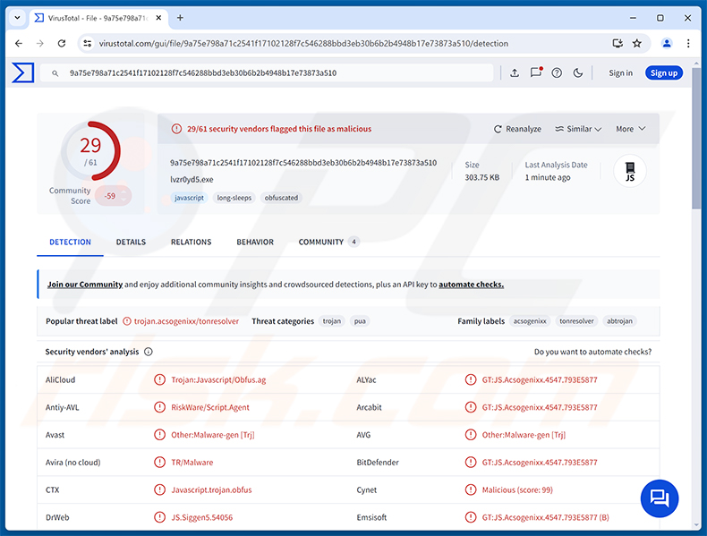 Detecciones del malware TONResolver RAT en VirusTotal