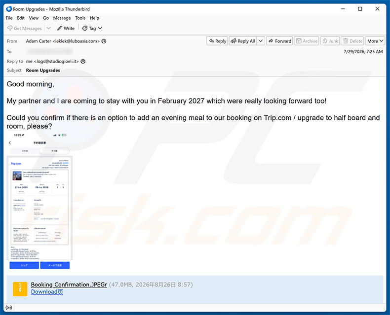 Campaña de spam por correo electrónico Trip.com Booking Confirmation