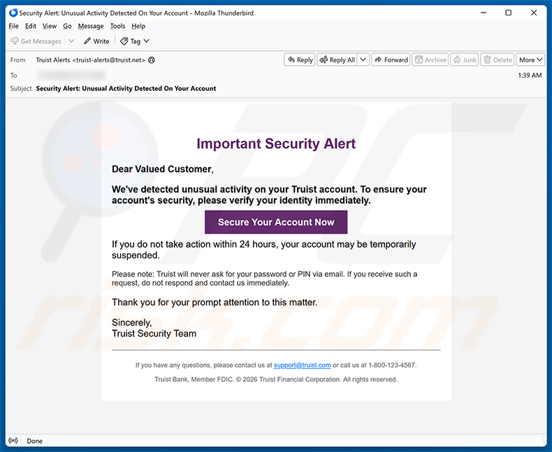 Campaña de spam por correo electrónico de la estafa Truist Security Alert