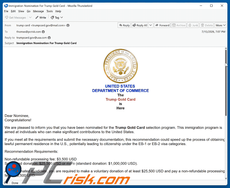 Correo electrónico fraudulento Trump Gold Card Selection Program Nomination (GIF)