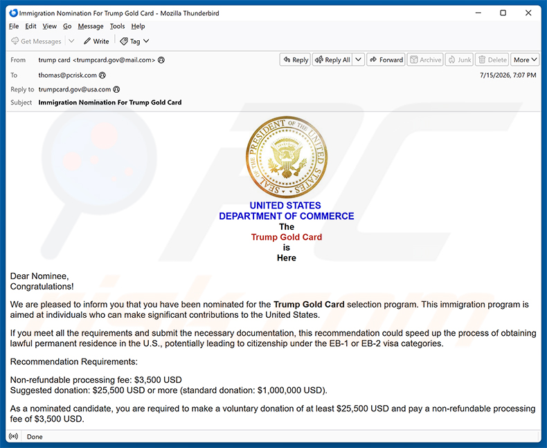 Campaña de spam por correo electrónico Trump Gold Card Selection Program Nomination