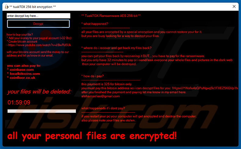 Ventana emergente del ransomware TuakTOX