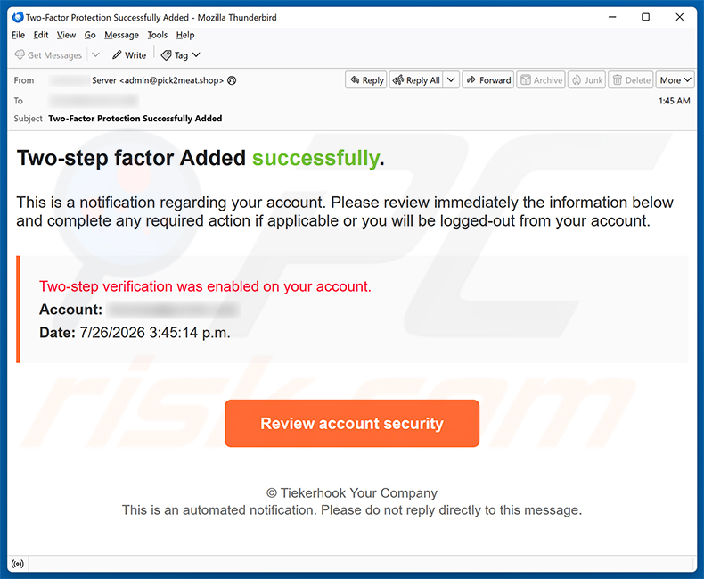 Campaña de spam por correo electrónico de la estafa Two-step Verification Was Enabled