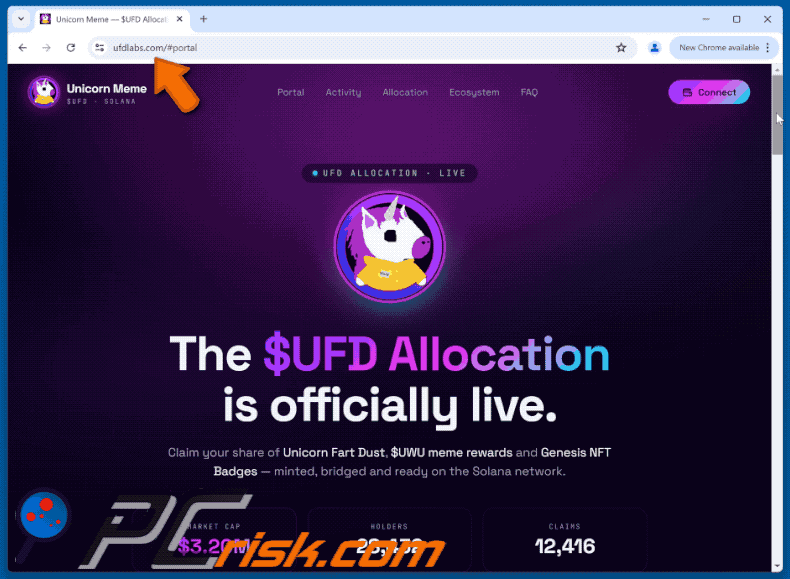 Apariencia de la estafa Unicorn Fart Dust ($UFD) Allocation (GIF) (ufdlabs[.]com)