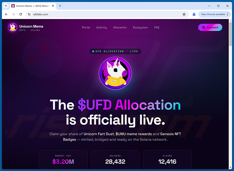 Sitio web de la estafa Unicorn Fart Dust ($UFD) Allocation (ufdlabs[.]com)