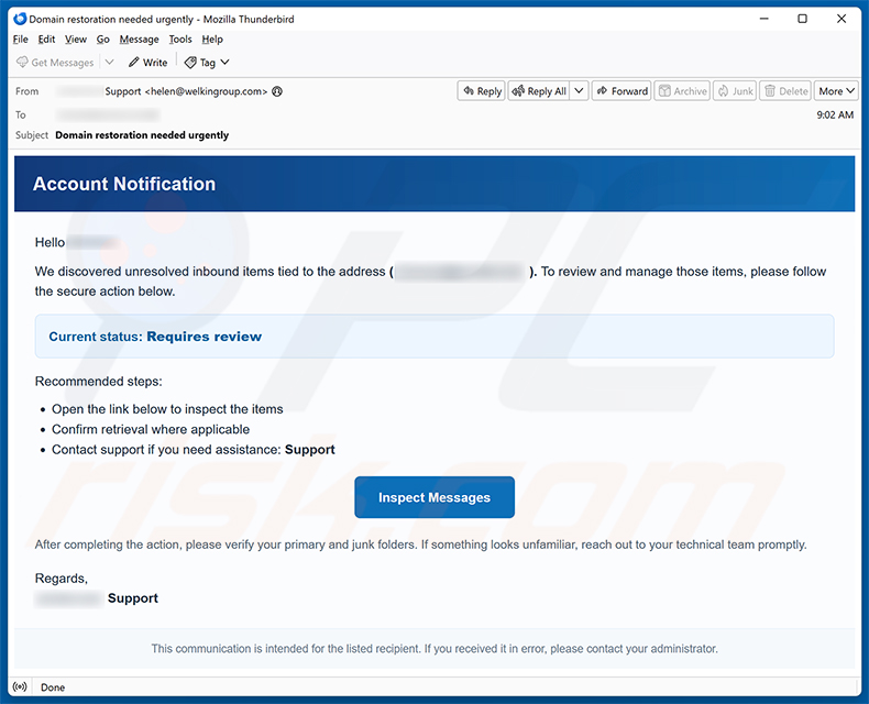 Campaña de spam por correo electrónico Unresolved Inbound Items Email Scam