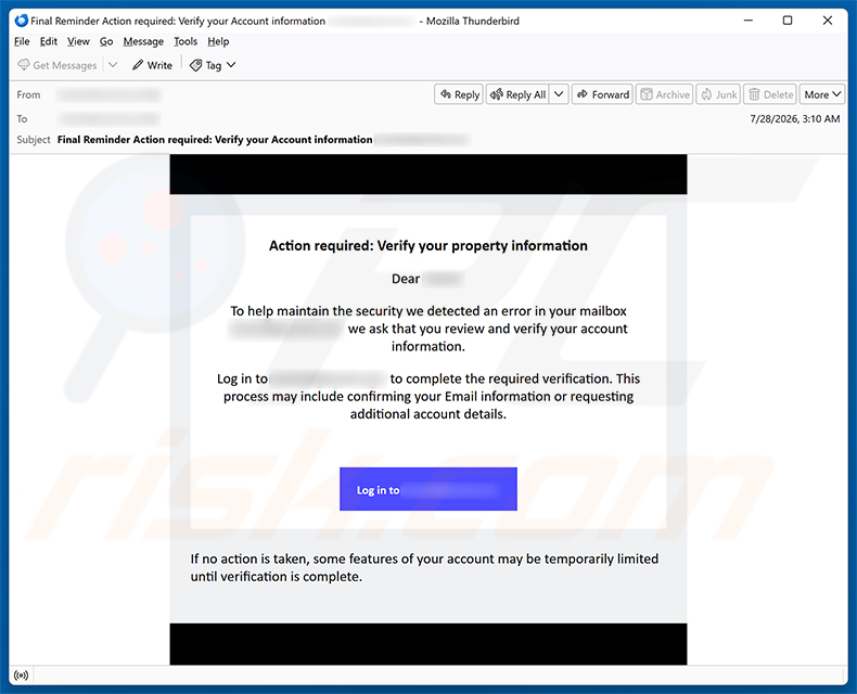 Campaña de spam por correo electrónico de la estafa Verify Your Email Property Information