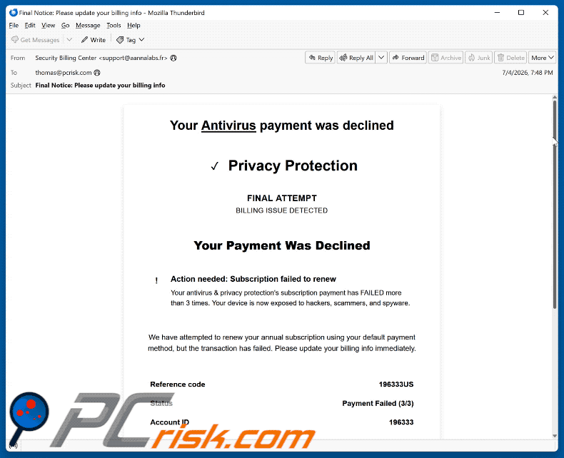 Estafa por correo electrónico Your Antivirus Payment Was Declined (GIF)