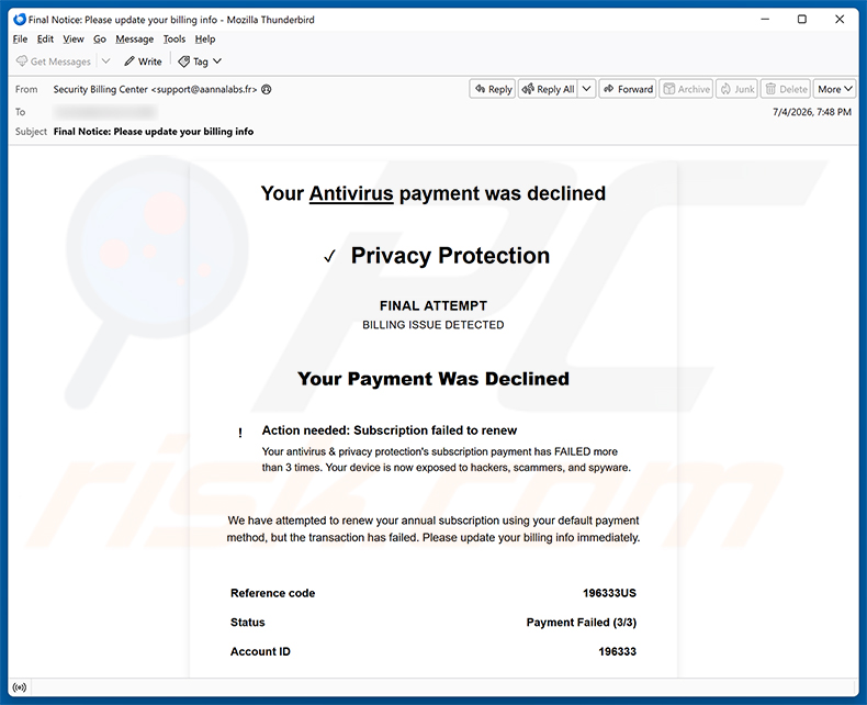 Campaña de spam por correo electrónico Your Antivirus Payment Was Declined