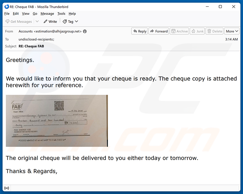 Campaña de spam por correo electrónico Your Cheque Is Ready