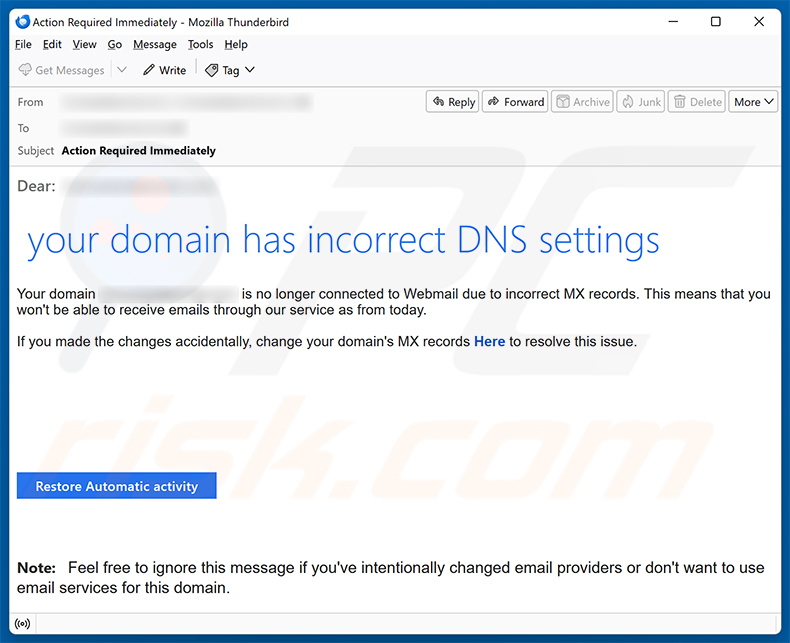 Campaña de spam por correo electrónico Your Domain Has Incorrect DNS Settings