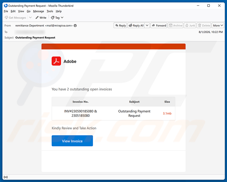 Campaña de spam por correo electrónico Adobe - Outstanding Invoices Email Virus