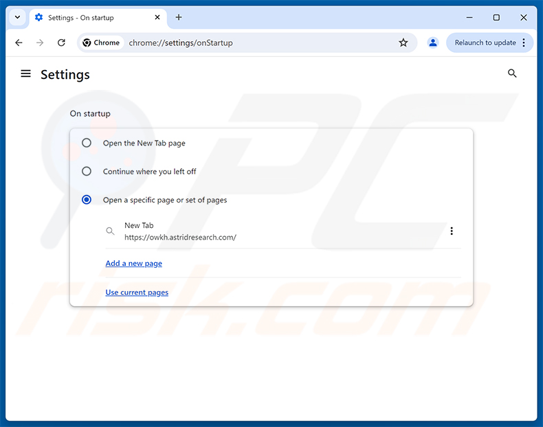 Eliminando astridresearch.com de la página de inicio de Google Chrome