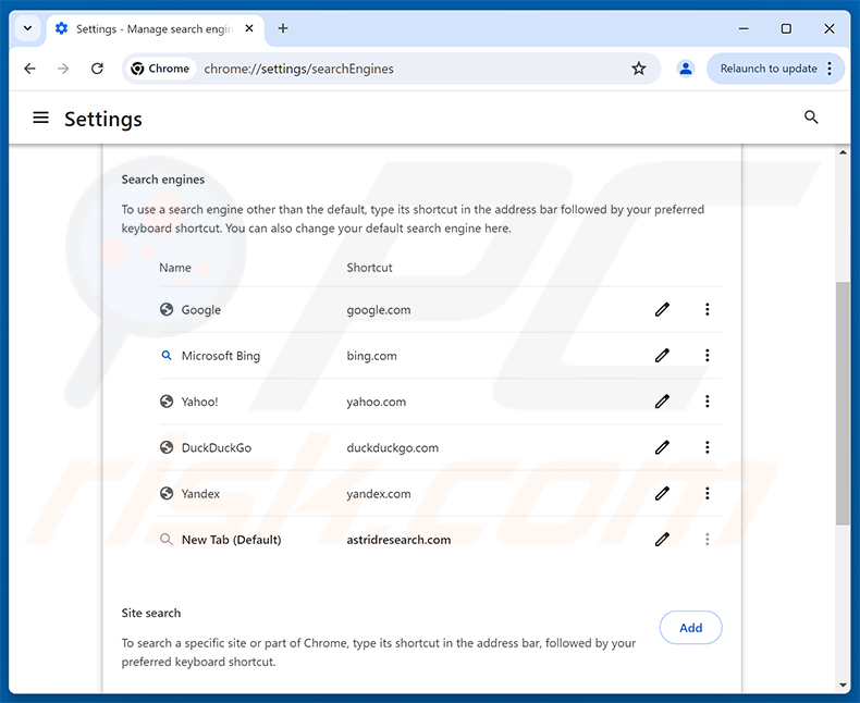 Eliminando astridresearch.com del motor de búsqueda predeterminado de Google Chrome