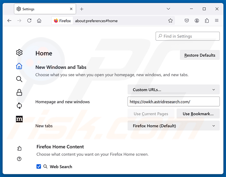 Eliminando astridresearch.com de la página de inicio de Mozilla Firefox