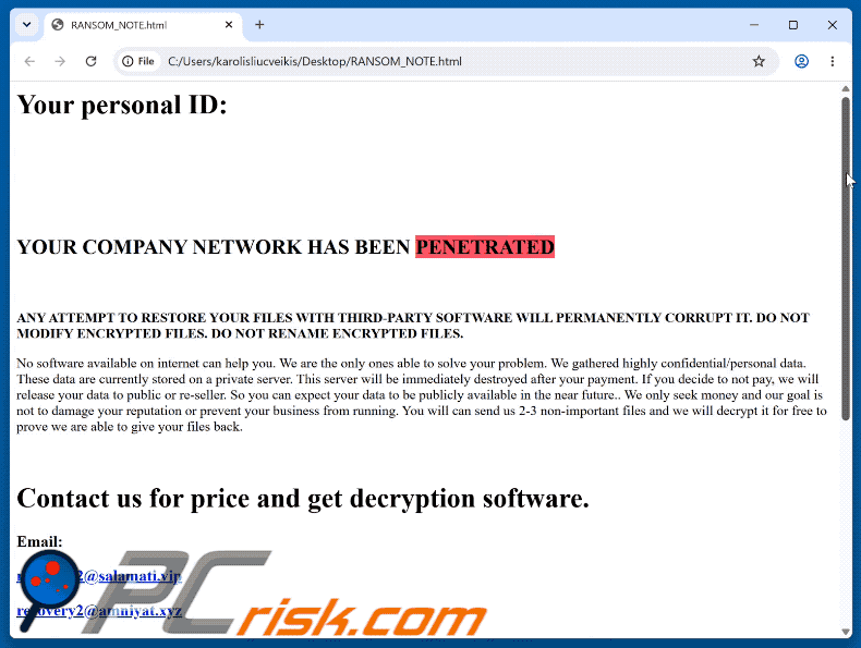 Nota de rescate del ransomware Betelgeuse (RANSOM_NOTE.html)