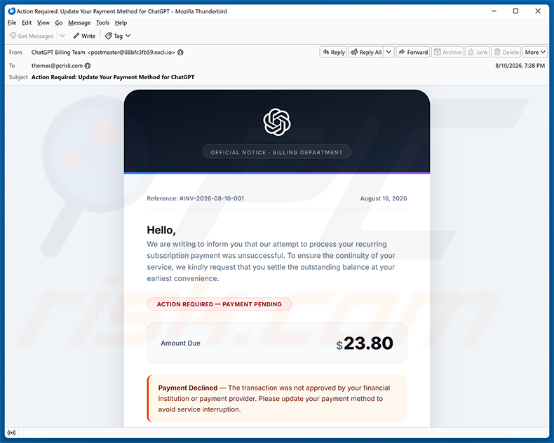 Campaña de spam por correo electrónico ChatGPT Payment Method Update estafa por correo electrónico