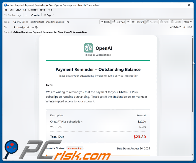 Correo electrónico de estafa ChatGPT Payment Reminder (GIF)
