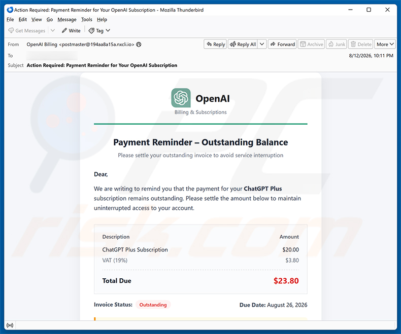 Campaña de spam por correo electrónico ChatGPT Payment Reminder estafa por correo electrónico