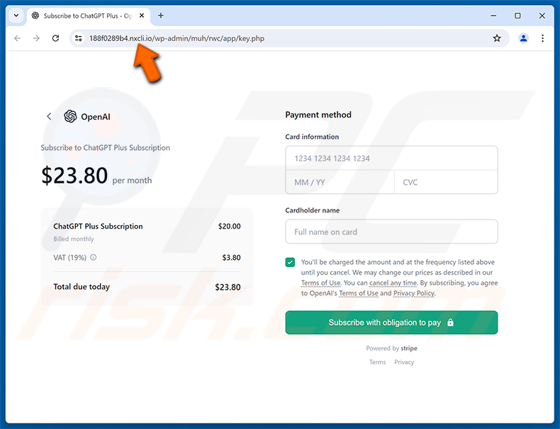 Página de phishing de ChatGPT Payment Reminder estafa por correo electrónico