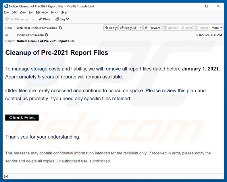 Campaña de spam por correo electrónico Cleanup Of Pre-2021 Report Files estafa por correo electrónico
