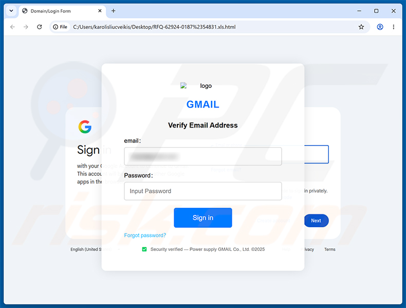 Página de phishing de la estafa Confirmation Of Request For Quotation (RFQ)