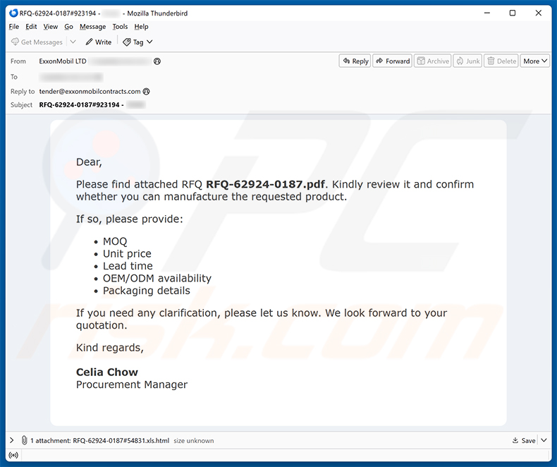 Campaña de spam por correo electrónico de la estafa Confirmation Of Request For Quotation (RFQ)