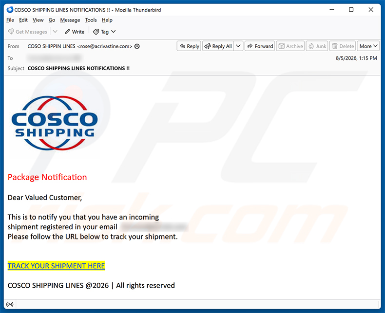 Campaña de spam Cosco Shipping Package Notification estafa por correo electrónico