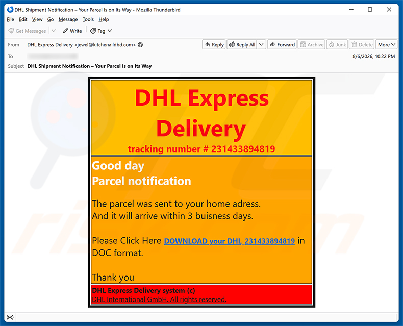 DHL Express - Parcel Sent To Your Home Address estafa por correo electrónico
