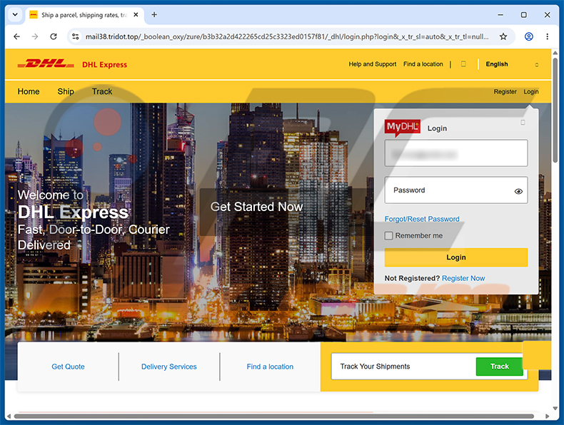 Página de phishing de la estafa por correo electrónico DHL Express - Parcel Sent To Your Home Address