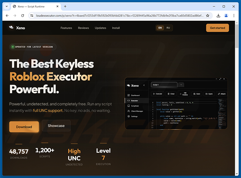Sitio engañoso que difunde el falso Xeno (loudexsecutor[.]com)