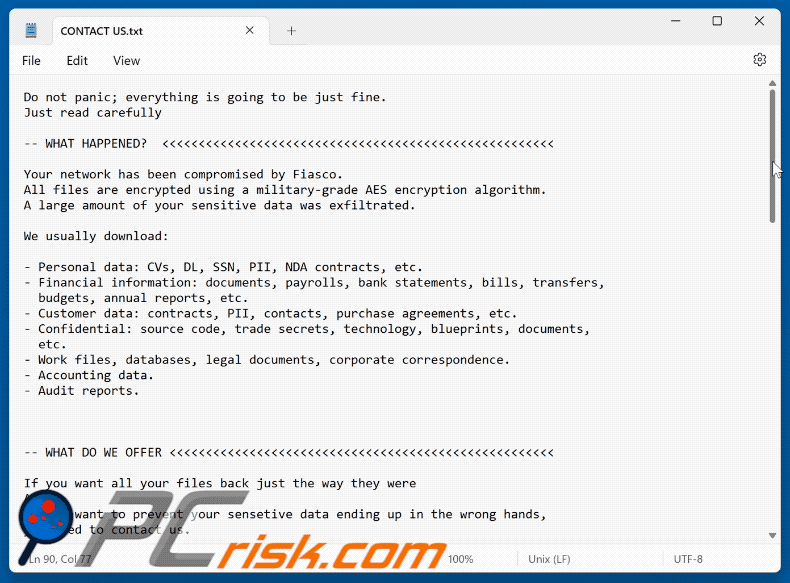 Nota de rescate de Fiasco Ransomware (CONTACT US.txt)