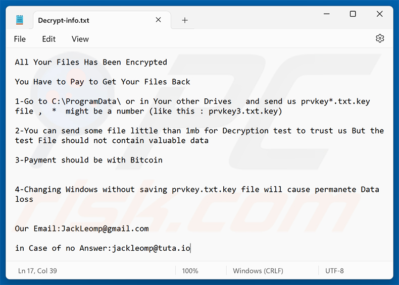 Nota de rescate del ransomware Grandeur (Decrypt-info.txt)