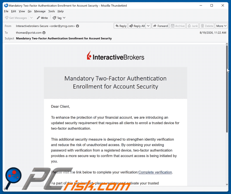 Correo electrónico de la estafa Interactive Brokers Two-Factor Authentication (GIF)